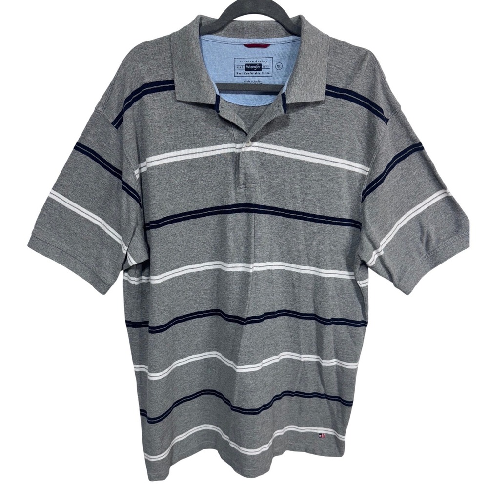 Wrangler XL Gray White Striped Polo Men's Short Sleeve Casual‎ Shirt 100% Cotton